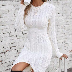 White Preppy Womens Cable Knit Split Hem Sweater Dress